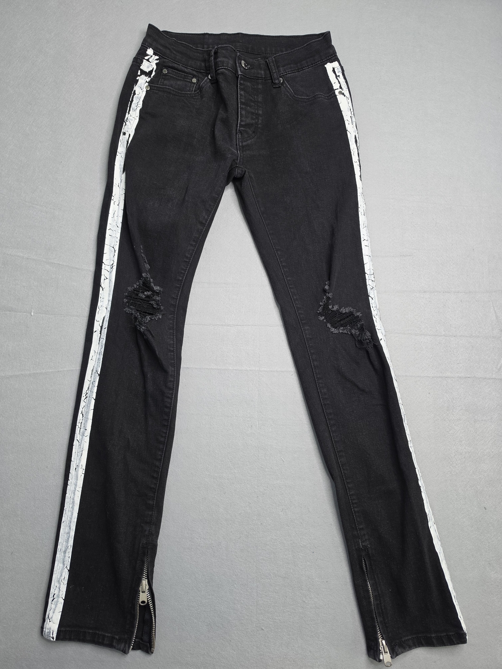 Dript Denim Black Distressed Skinny Jeans Men’s 28 Silver Side Stripe Zipper Hem